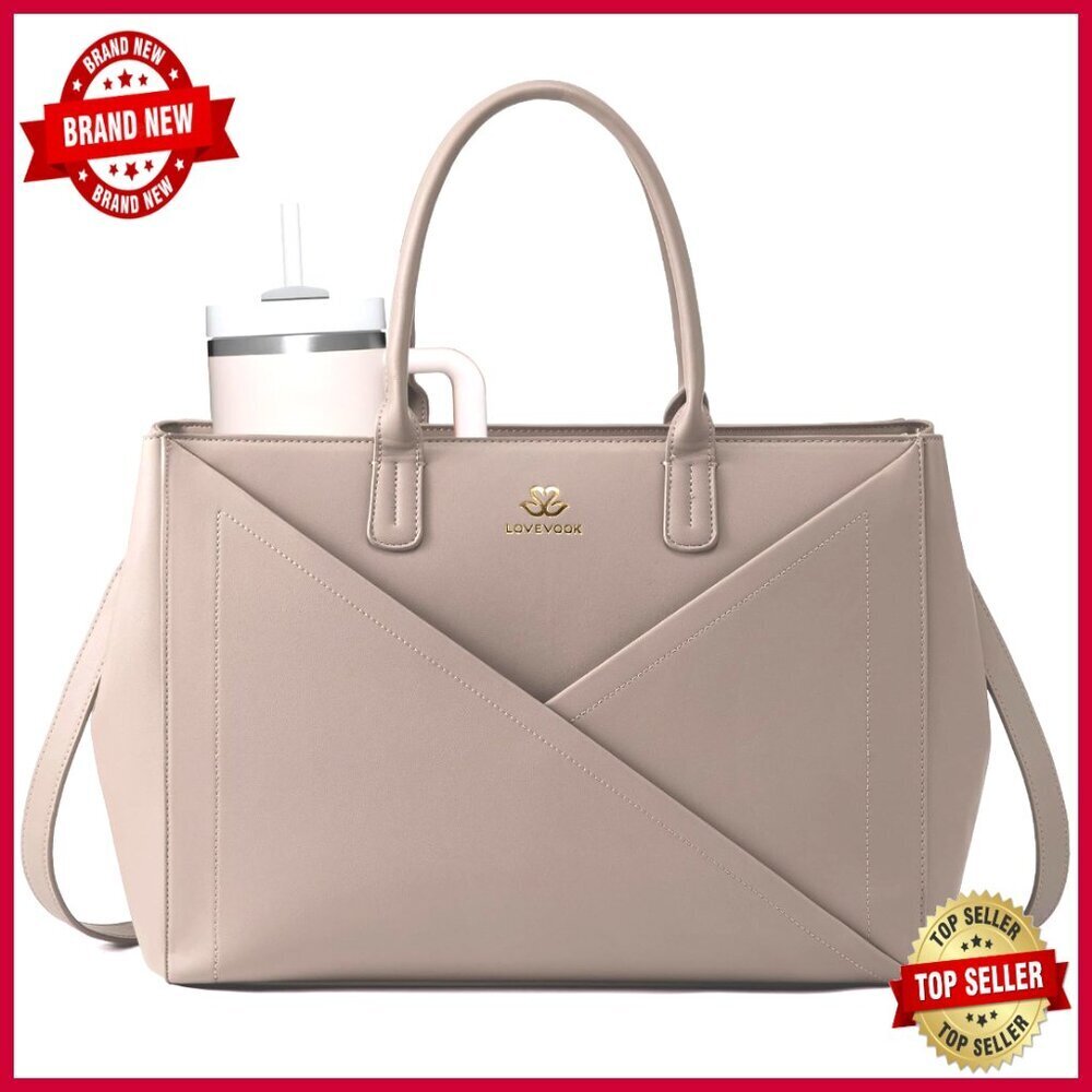 15.6 Inch Laptop Tote Bag with Cup Holder, Waterproof PU Leather Work Bag